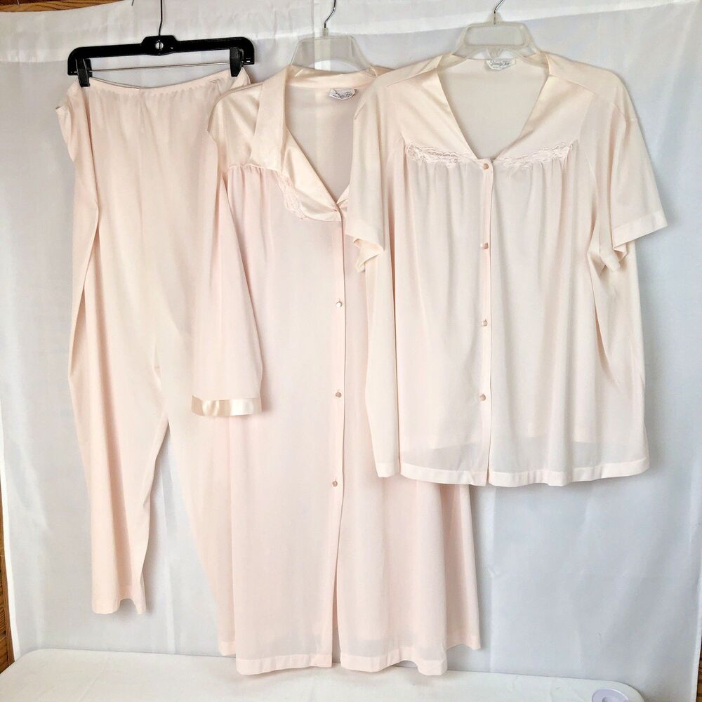 VTG Vanity Fair 3 Piece PJ & Robe Set Pajamas Pants Shirt Robe Pink XXXL USA